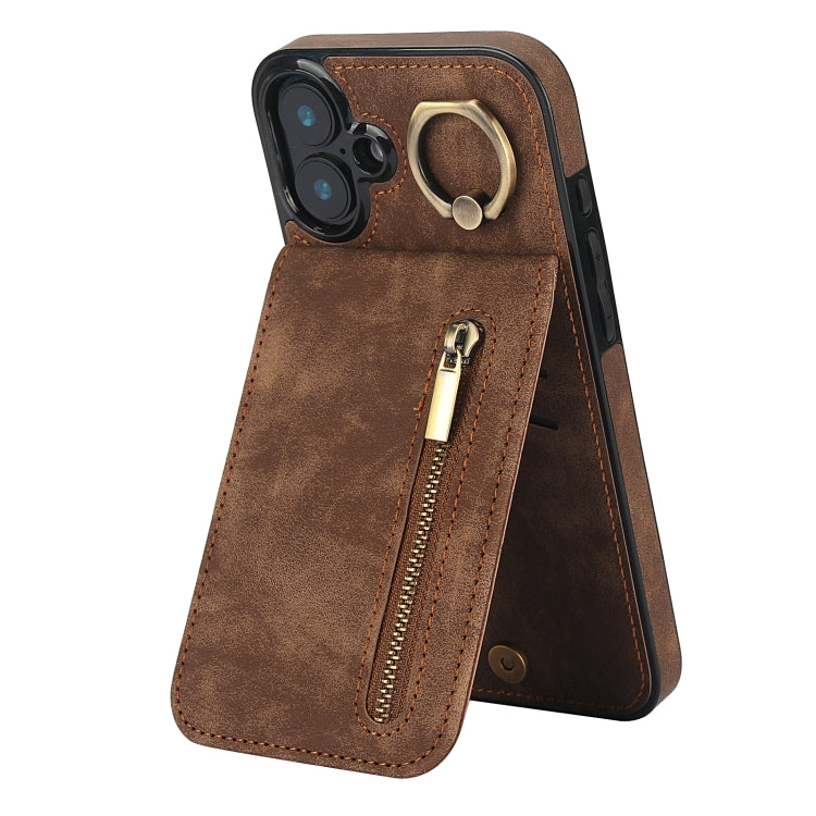 For iPhone 16 Retro Ring and Zipper RFID Card Slot Phone Case(Brown) - iPhone 16 Cases by buy2fix | Online Shopping UK | buy2fix