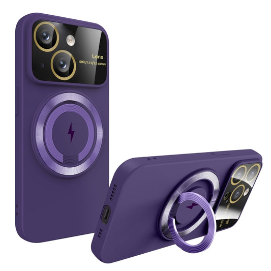 For iPhone 15 Large Window MagSafe Magnetic Holder Phone Case(Dark Purple) - iPhone 15 Cases by buy2fix | Online Shopping UK | buy2fix