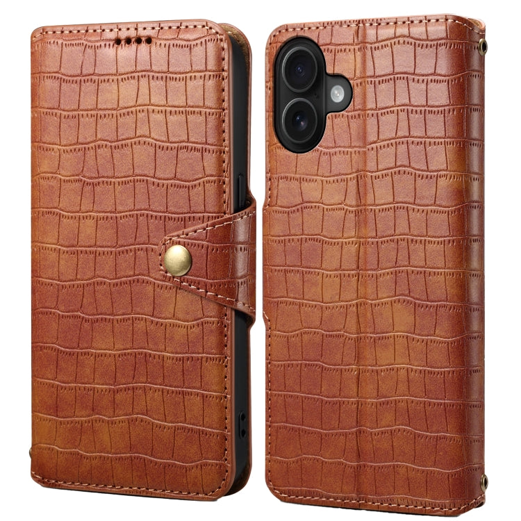 For iPhone 16 Plus Denior Crocodile Texture Oil Edge Leather Phone Case(Brown) - iPhone 16 Plus Cases by Denior | Online Shopping UK | buy2fix