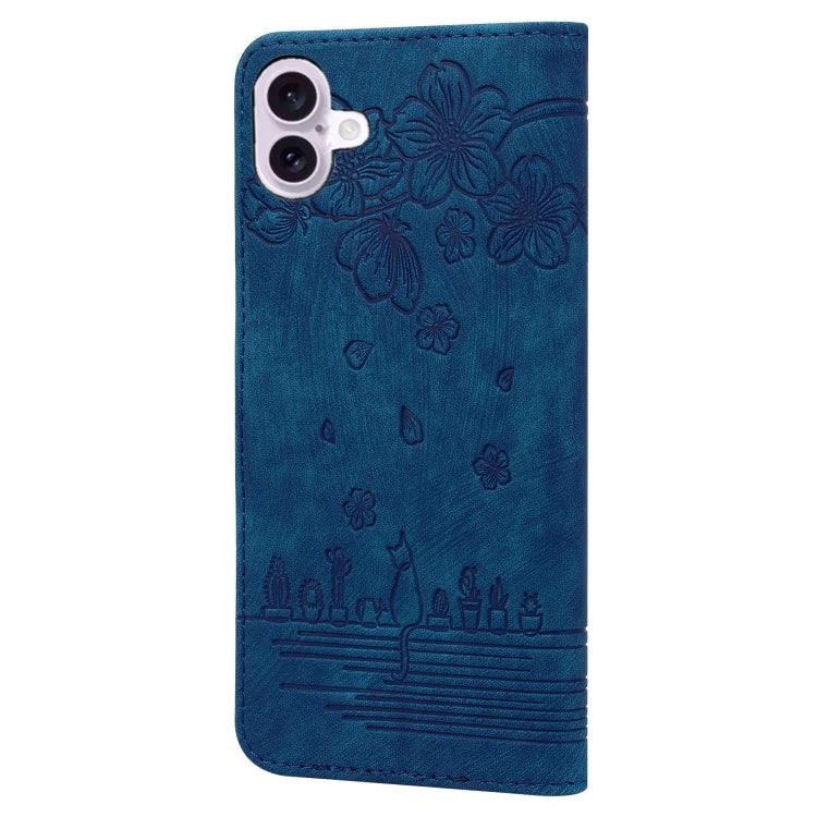 For iPhone 16 Plus Cartoon Sakura Cat Embossed Leather Phone Case(Royal Blue) - iPhone 16 Plus Cases by buy2fix | Online Shopping UK | buy2fix