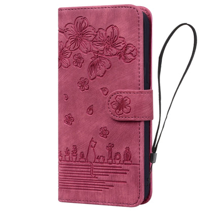 For iPhone 16 Cartoon Sakura Cat Embossed Leather Phone Case(Wine Red) - iPhone 16 Cases by buy2fix | Online Shopping UK | buy2fix