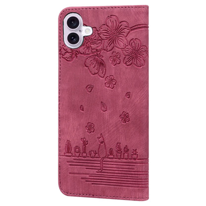 For iPhone 16 Cartoon Sakura Cat Embossed Leather Phone Case(Wine Red) - iPhone 16 Cases by buy2fix | Online Shopping UK | buy2fix