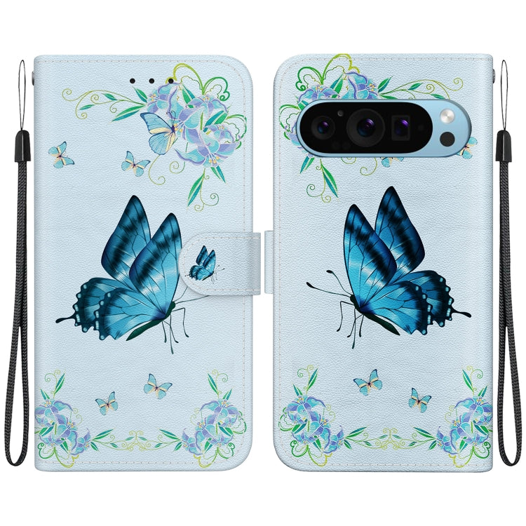 For Google Pixel 9 Crystal Texture Colored Drawing Leather Phone Case(Blue Pansies) - Google Cases by buy2fix | Online Shopping UK | buy2fix