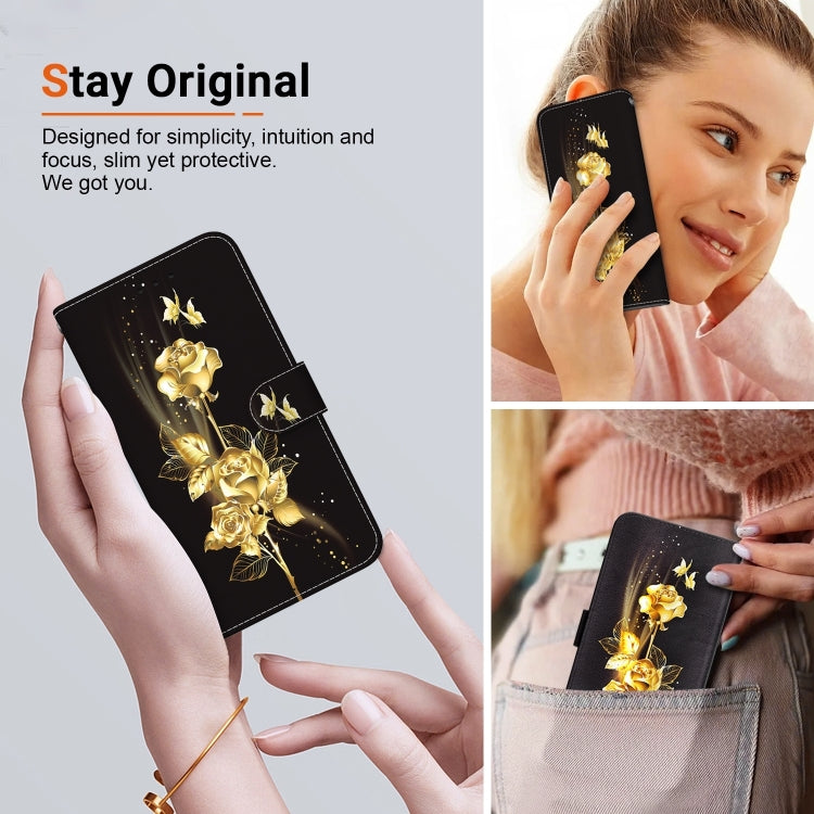 For iPhone 16 Pro Crystal Texture Colored Drawing Leather Phone Case(Gold Butterfly Rose) - iPhone 16 Pro Cases by buy2fix | Online Shopping UK | buy2fix