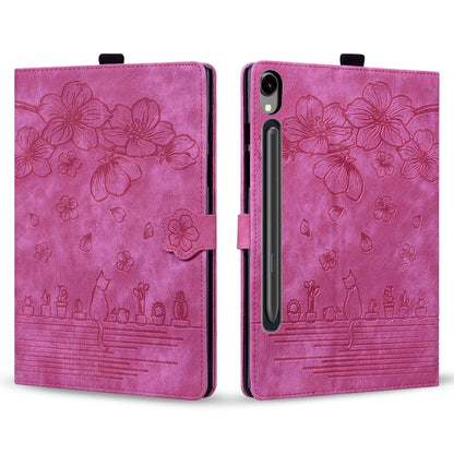 For Samsung Galaxy Tab S9 FE+ Cartoon Sakura Cat Embossed Leather Tablet Case(Rose Red) - Galaxy Tab S9 FE+ by buy2fix | Online Shopping UK | buy2fix