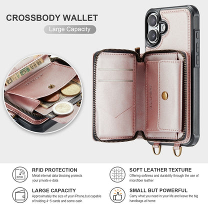 For iPhone 16 Plus JEEHOOD C22 Series Zipper Wallet Leather Phone Case with Dual Lanyard(Rose Gold) - iPhone 16 Plus Cases by JEEHOOD | Online Shopping UK | buy2fix