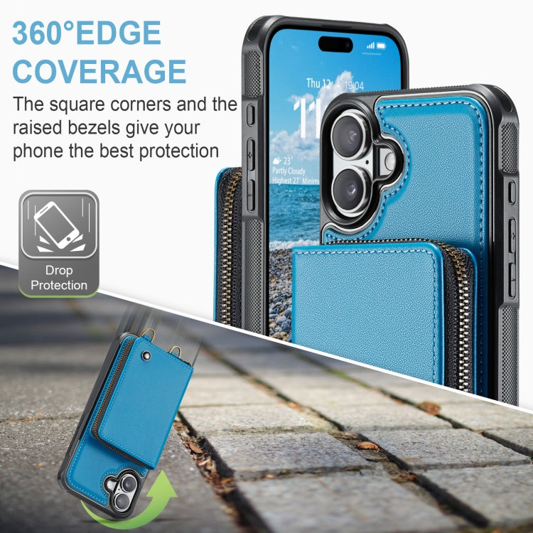 For iPhone 16 JEEHOOD C22 Series Zipper Wallet Leather Phone Case with Dual Lanyard(Blue) - iPhone 16 Cases by JEEHOOD | Online Shopping UK | buy2fix