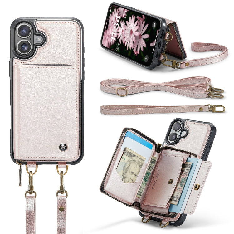 For iPhone 16 JEEHOOD C22 Series Zipper Wallet Leather Phone Case with Dual Lanyard(Rose Gold) - iPhone 16 Cases by JEEHOOD | Online Shopping UK | buy2fix