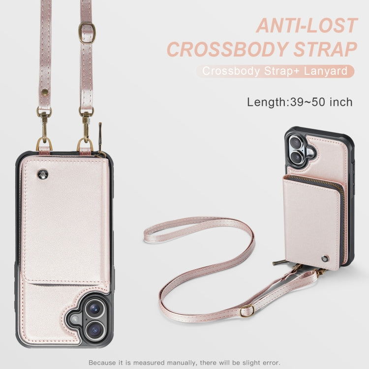 For iPhone 16 JEEHOOD C22 Series Zipper Wallet Leather Phone Case with Dual Lanyard(Rose Gold) - iPhone 16 Cases by JEEHOOD | Online Shopping UK | buy2fix