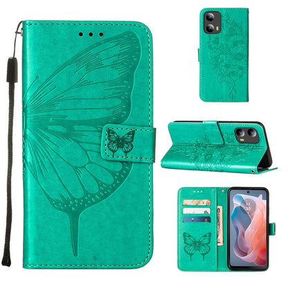 For Motorola Moto G Play 5G 2024 Embossed Butterfly Leather Phone Case(Green) - Motorola Cases by buy2fix | Online Shopping UK | buy2fix