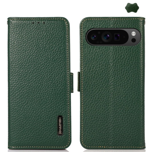 For Google Pixel 9 Pro KHAZNEH Side-Magnetic Litchi Genuine Leather RFID Phone Case(Green) - Google Cases by buy2fix | Online Shopping UK | buy2fix