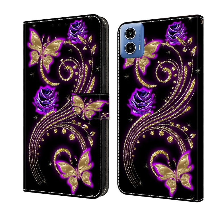 For Motorola Moto G34 Crystal 3D Shockproof Protective Leather Phone Case(Purple Flower Butterfly) - Motorola Cases by buy2fix | Online Shopping UK | buy2fix