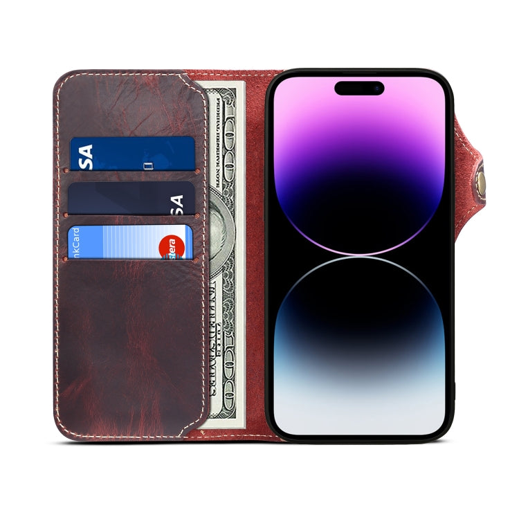 For iPhone 15 Pro Max Denior Oil Wax Cowhide Magnetic Button Genuine Leather Case(Dark Red) - iPhone 15 Pro Max Cases by Denior | Online Shopping UK | buy2fix