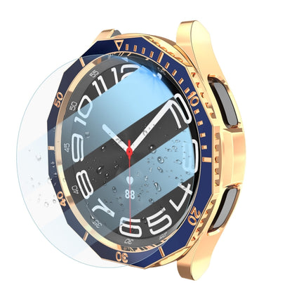 For Samsung Galaxy Watch6 Classic 47mm R960 Electroplate PC Case + Tempered Film + Watch Bezel Ring Set(Blue+Rose Gold) - Watch Cases by buy2fix | Online Shopping UK | buy2fix