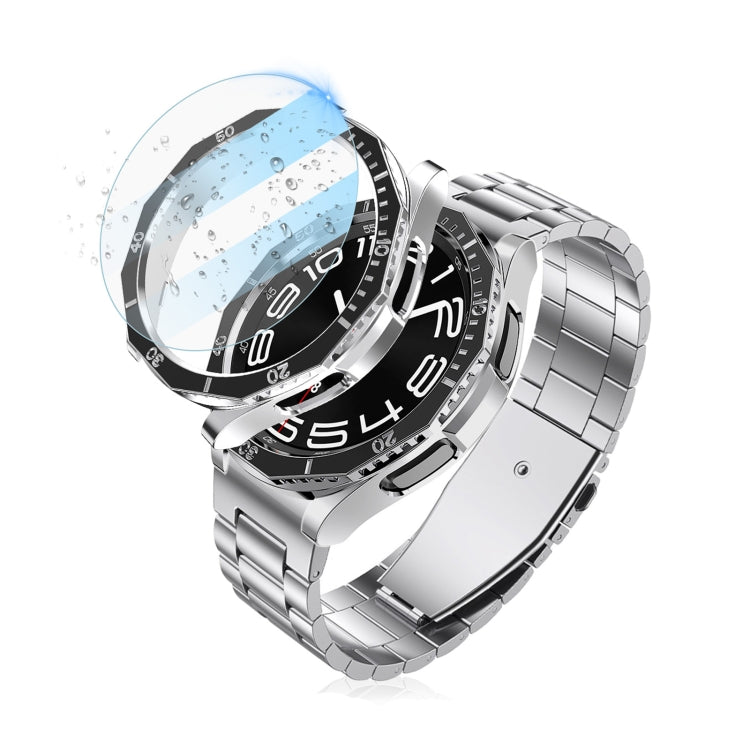 For Samsung Galaxy Watch6 Classic 47mm R960 Electroplate PC Case + Tempered Film + Watch Bezel Ring Set(Blue+Gold) - Watch Cases by buy2fix | Online Shopping UK | buy2fix