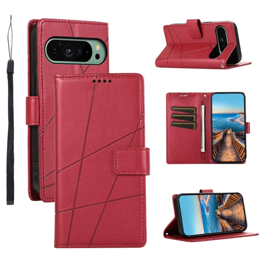 For Google Pixel 9 PU Genuine Leather Texture Embossed Line Phone Case(Red) - Google Cases by buy2fix | Online Shopping UK | buy2fix