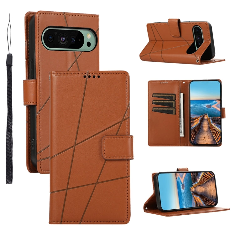 For Google Pixel 9 PU Genuine Leather Texture Embossed Line Phone Case(Brown) - Google Cases by buy2fix | Online Shopping UK | buy2fix