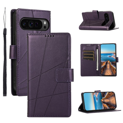 For Google Pixel 9 Pro PU Genuine Leather Texture Embossed Line Phone Case(Purple) - Google Cases by buy2fix | Online Shopping UK | buy2fix