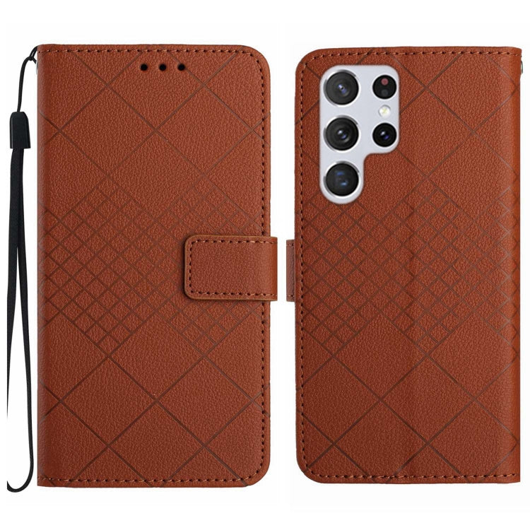 For Samsung Galaxy S22 Ultra 5G Rhombic Grid Texture Leather Phone Case(Brown) - Galaxy S22 Ultra 5G Cases by buy2fix | Online Shopping UK | buy2fix