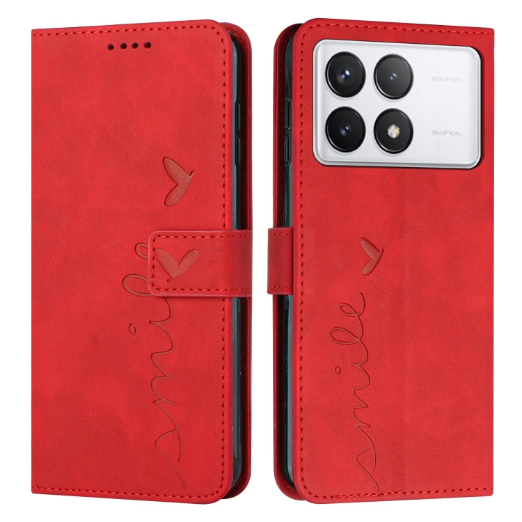 For Xiaomi Redmi K70E Skin Feel Heart Embossed Leather Phone Case with Long Lanyard(Red) - K70E Cases by buy2fix | Online Shopping UK | buy2fix