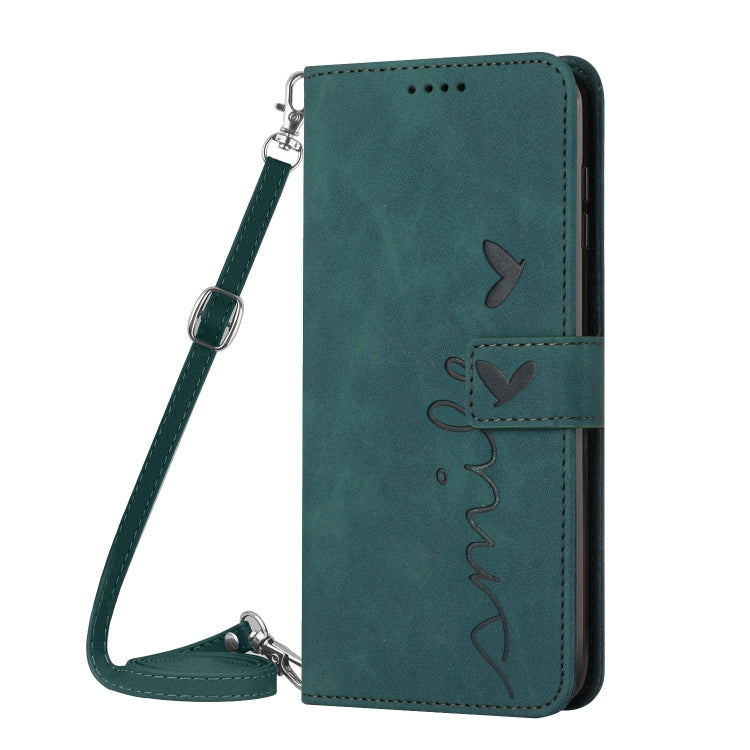 For Xiaomi Redmi Turbo 3 Skin Feel Heart Embossed Leather Phone Case with Long Lanyard(Green) - Xiaomi Cases by buy2fix | Online Shopping UK | buy2fix