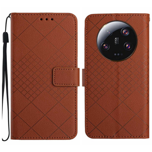 For Xiaomi 14 Ultra Rhombic Grid Texture Leather Phone Case(Brown) - 14 Ultra Cases by buy2fix | Online Shopping UK | buy2fix