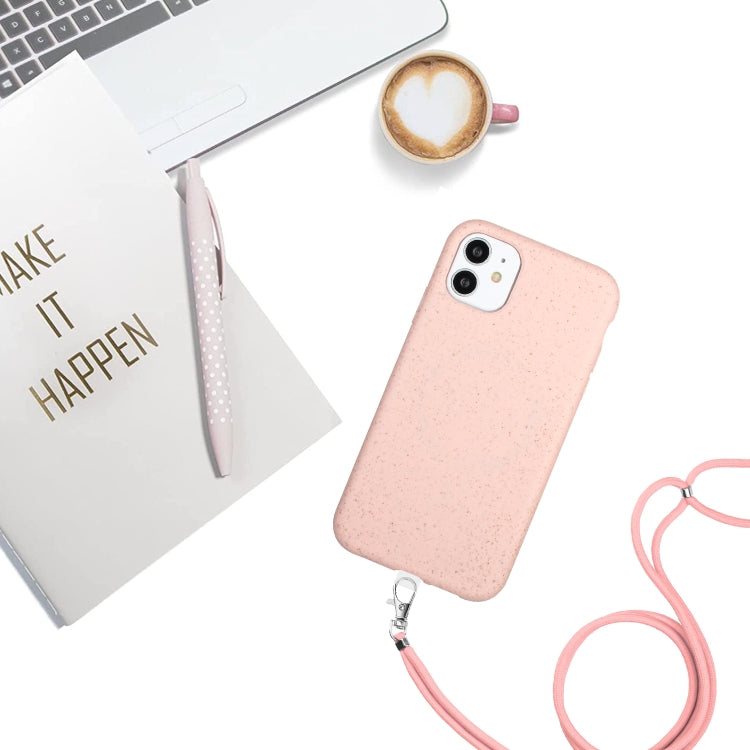 For iPhone 11 Wheat MagSafe Magnetic Straw Material + TPU Phone Case with Lanyard(Pink) - iPhone 11 Cases by buy2fix | Online Shopping UK | buy2fix