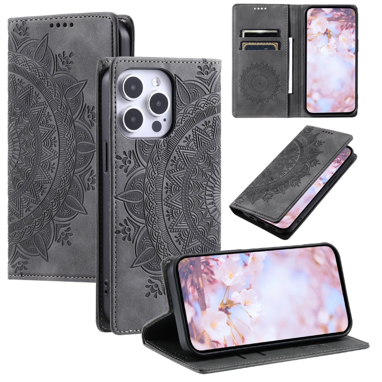 For iPhone 16 Pro Totem Embossed Magnetic Leather Phone Case(Grey) - iPhone 16 Pro Cases by buy2fix | Online Shopping UK | buy2fix