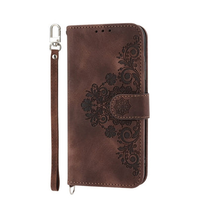 For Google Pixel 9 Pro Skin-feel Flowers Embossed Wallet Leather Phone Case(Brown) - Google Cases by buy2fix | Online Shopping UK | buy2fix