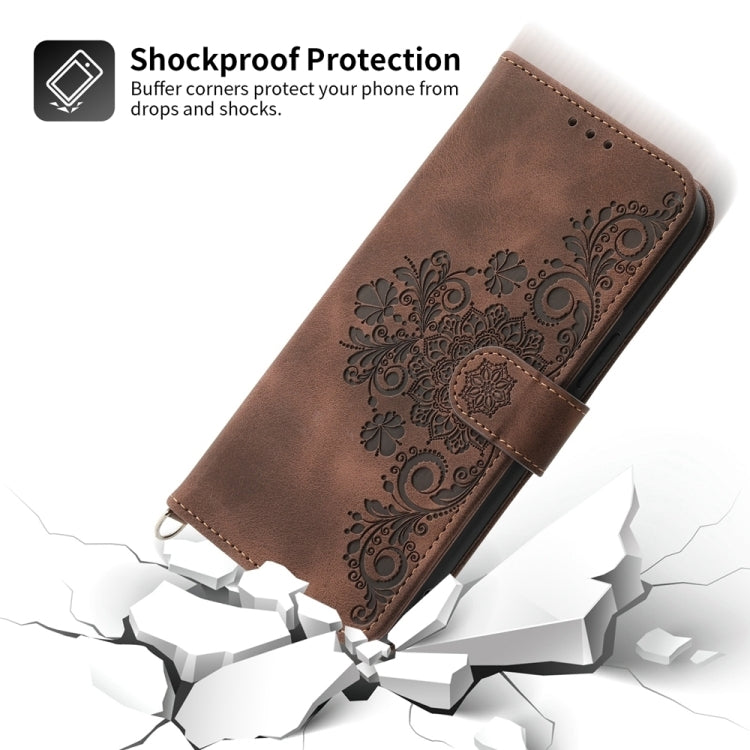 For Google Pixel 9 Pro Skin-feel Flowers Embossed Wallet Leather Phone Case(Brown) - Google Cases by buy2fix | Online Shopping UK | buy2fix