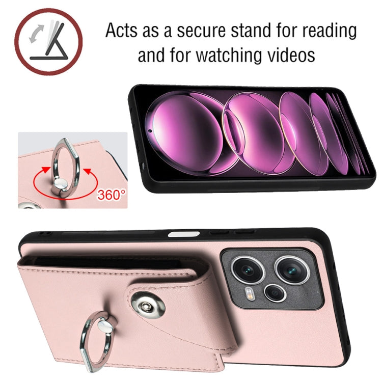 For Xiaomi Poco X5/Redmi Note 12 5G Global Organ Card Bag Ring Holder PU Phone Case(Pink) - Xiaomi Cases by buy2fix | Online Shopping UK | buy2fix