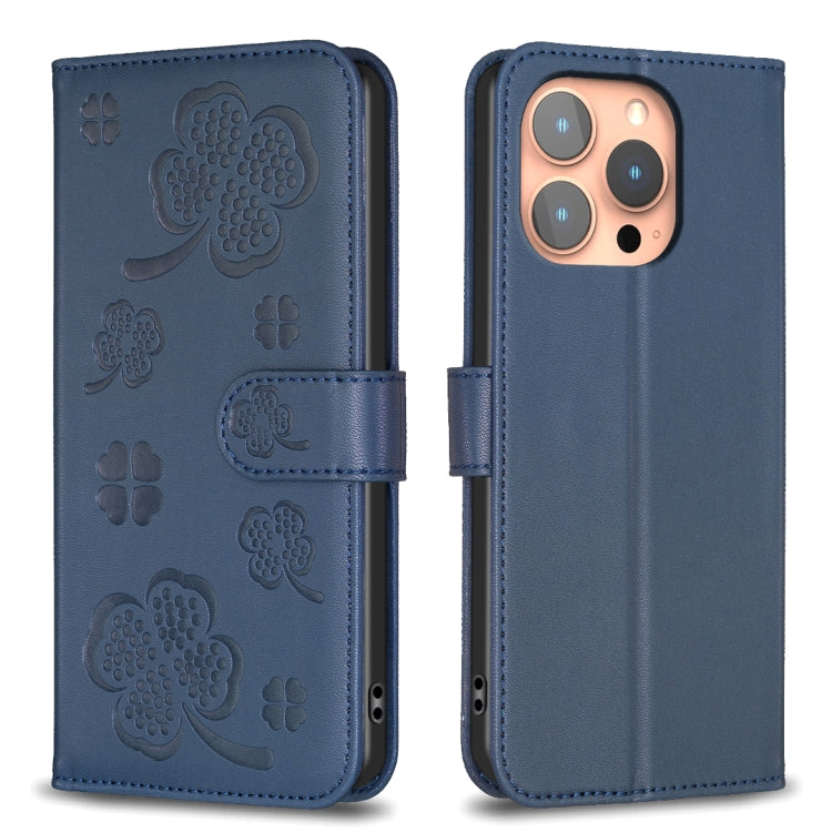 For iPhone 16 Pro Four-leaf Embossed Leather Phone Case(Blue) - iPhone 16 Pro Cases by buy2fix | Online Shopping UK | buy2fix