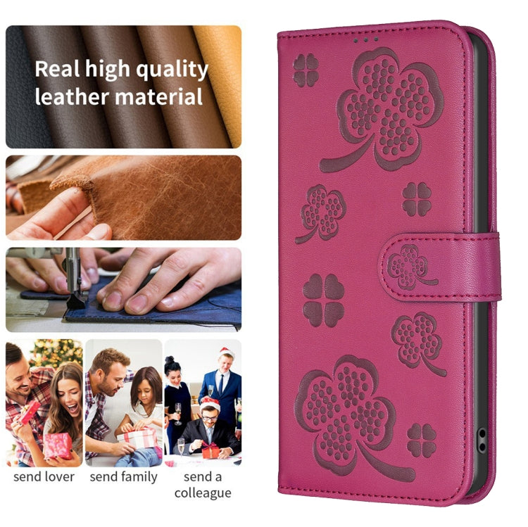 For iPhone 16 Plus Four-leaf Embossed Leather Phone Case(Rose Red) - iPhone 16 Plus Cases by buy2fix | Online Shopping UK | buy2fix