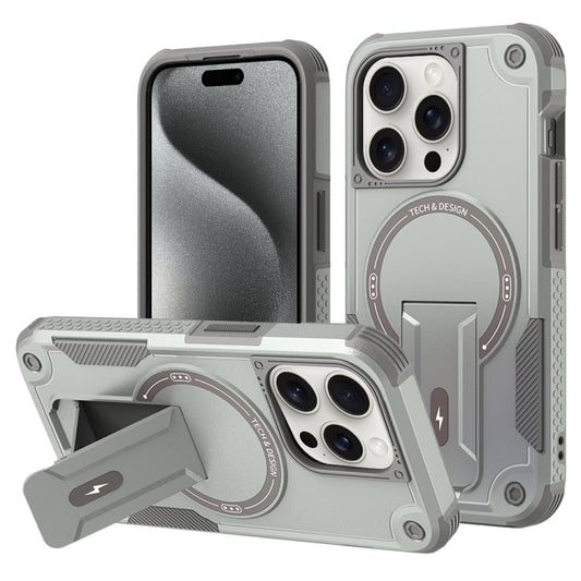 For iPhone 15 Pro Armor Magsafe Holder PC Hybrid TPU Phone Case(Grey) - iPhone 15 Pro Cases by buy2fix | Online Shopping UK | buy2fix