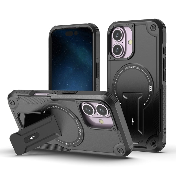 For iPhone 16 Armor Magsafe Holder PC Hybrid TPU Phone Case(Black) - iPhone 16 Cases by buy2fix | Online Shopping UK | buy2fix