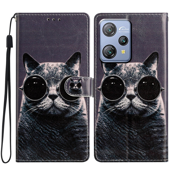 For Blackview A53 Pro Colored Drawing Leather Phone Case(Sunglasses Cat) - More Brand by buy2fix | Online Shopping UK | buy2fix