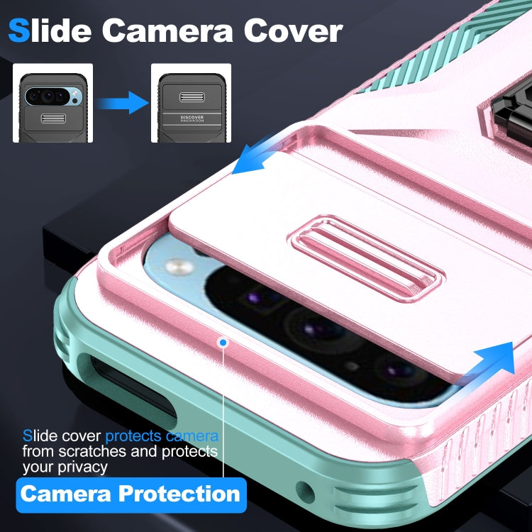 For Google Pixel 9 / Pixel 9 Pro Sliding Camshield Holder Phone Case(Pink + Grey Green) - Google Cases by buy2fix | Online Shopping UK | buy2fix