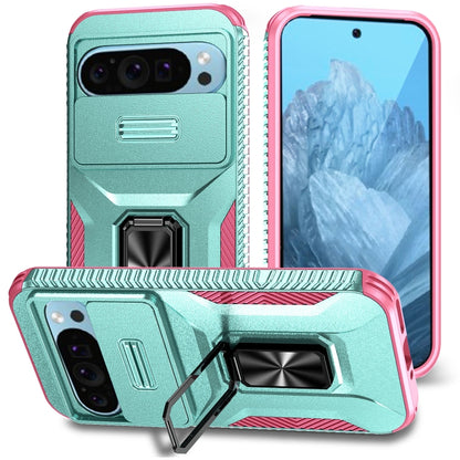 For Google Pixel 9 / Pixel 9 Pro Sliding Camshield Holder Phone Case(Grey Green + Pink) - Google Cases by buy2fix | Online Shopping UK | buy2fix