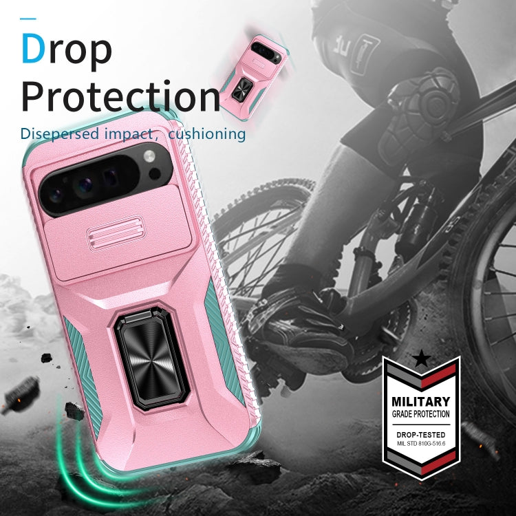 For Google Pixel 9 Pro XL Sliding Camshield Holder Phone Case(Pink + Grey Green) - Google Cases by buy2fix | Online Shopping UK | buy2fix