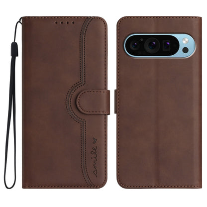 For Google Pixel 9 Heart Pattern Skin Feel Leather Phone Case(Brown) - Google Cases by buy2fix | Online Shopping UK | buy2fix