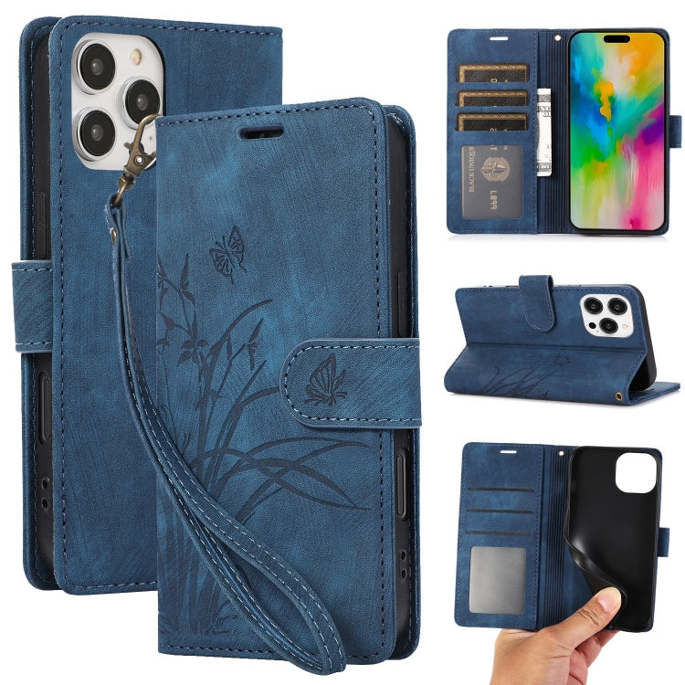 For iPhone 16 Pro Max Orchid Butterfly Embossed Leather Phone Case(Blue) - iPhone 16 Pro Max Cases by buy2fix | Online Shopping UK | buy2fix