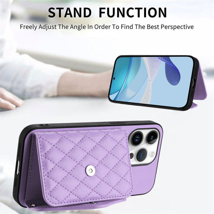 For iPhone 16 Pro Max Rhombic Texture Card Bag RFID Phone Case with Long Lanyard(Light Purple) - iPhone 16 Pro Max Cases by buy2fix | Online Shopping UK | buy2fix