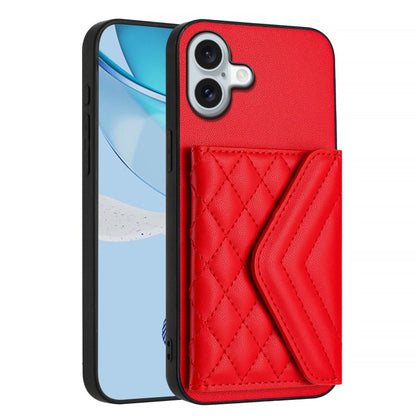 For iPhone 16 Plus Rhombic Texture Card Bag RFID Phone Case with Long Lanyard(Red) - iPhone 16 Plus Cases by buy2fix | Online Shopping UK | buy2fix