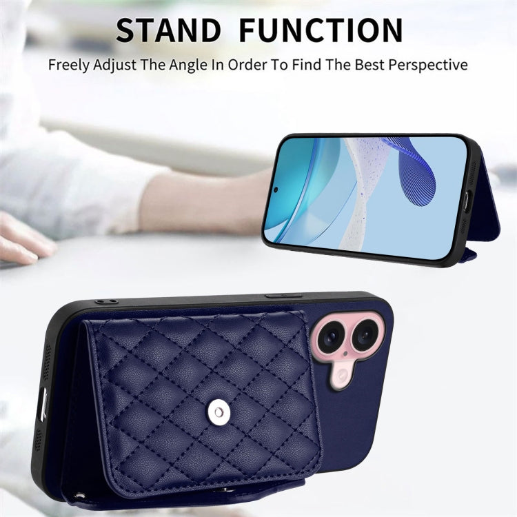 For iPhone 16 Rhombic Texture Card Bag RFID Phone Case with Long Lanyard(Blue) - iPhone 16 Cases by buy2fix | Online Shopping UK | buy2fix