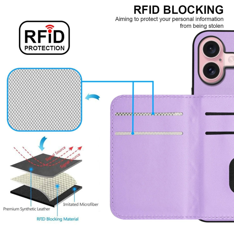 For iPhone 16 Rhombic Texture Card Bag RFID Phone Case with Long Lanyard(Light Purple) - iPhone 16 Cases by buy2fix | Online Shopping UK | buy2fix