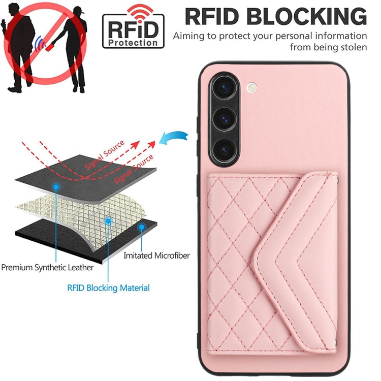 For Samsung Galaxy S23+ 5G Rhombic Texture Card Bag RFID Phone Case with Long Lanyard(Rose Gold) - Galaxy S23+ 5G Tempered Glass by buy2fix | Online Shopping UK | buy2fix