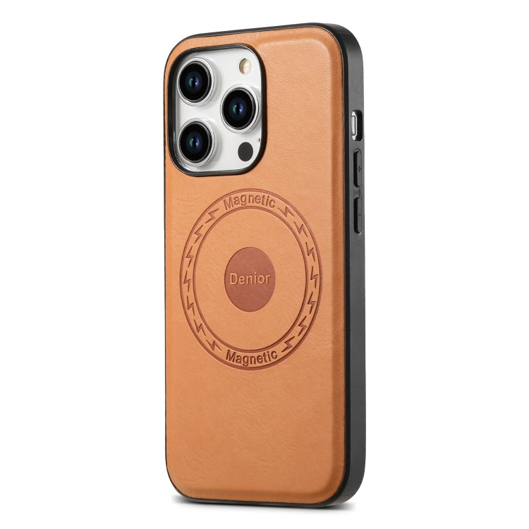 For iPhone 14 Pro Denior Cowhide Texture Leather MagSafe Phone Case(Khaki) - iPhone 14 Pro Cases by Denior | Online Shopping UK | buy2fix
