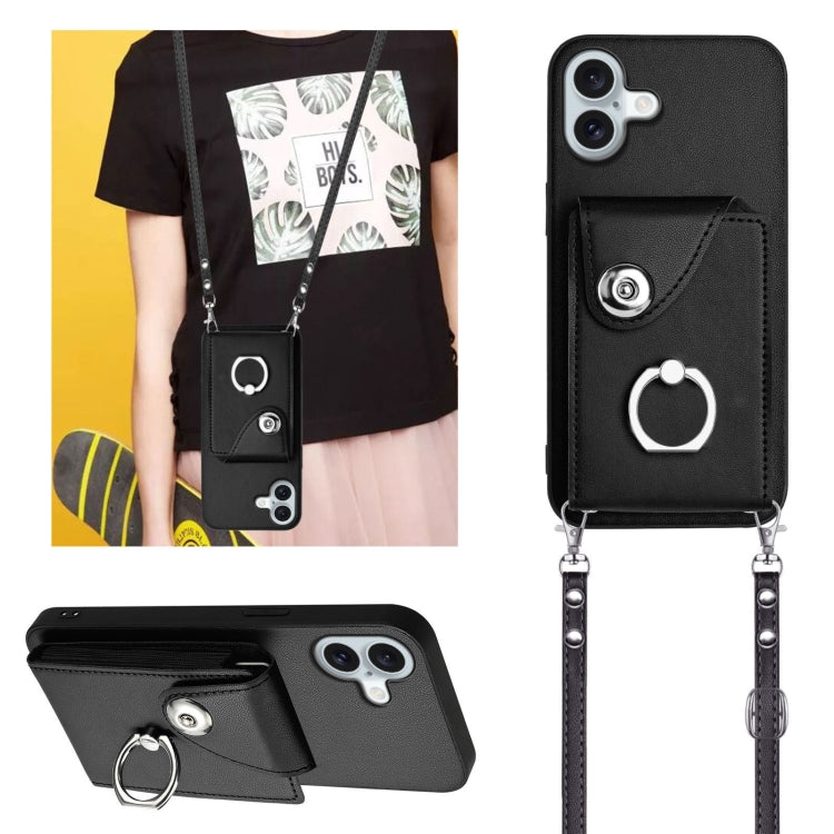 For iPhone 16 Plus Organ Card Bag Ring Holder Phone Case with Long Lanyard(Black) - iPhone 16 Plus Cases by buy2fix | Online Shopping UK | buy2fix