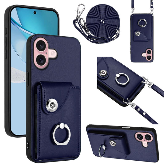 For iPhone 16 Organ Card Bag Ring Holder Phone Case with Long Lanyard(Blue) - iPhone 16 Cases by buy2fix | Online Shopping UK | buy2fix