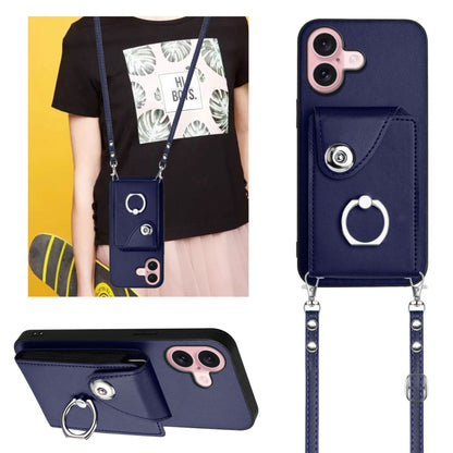 For iPhone 16 Organ Card Bag Ring Holder Phone Case with Long Lanyard(Blue) - iPhone 16 Cases by buy2fix | Online Shopping UK | buy2fix